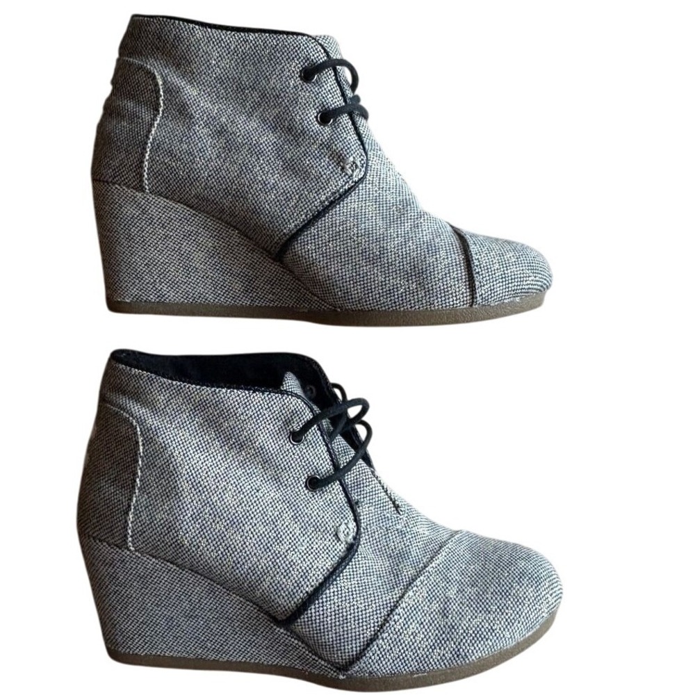 TOMS Desert Wedge Linen Ankle Boots Navy & Metallic Gold Shimmer Bootie SZ 7 EUC